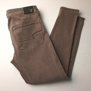 American Eagle Sateen Jeans Size 6 Short Low Rise Skinny Leg Army Green Color